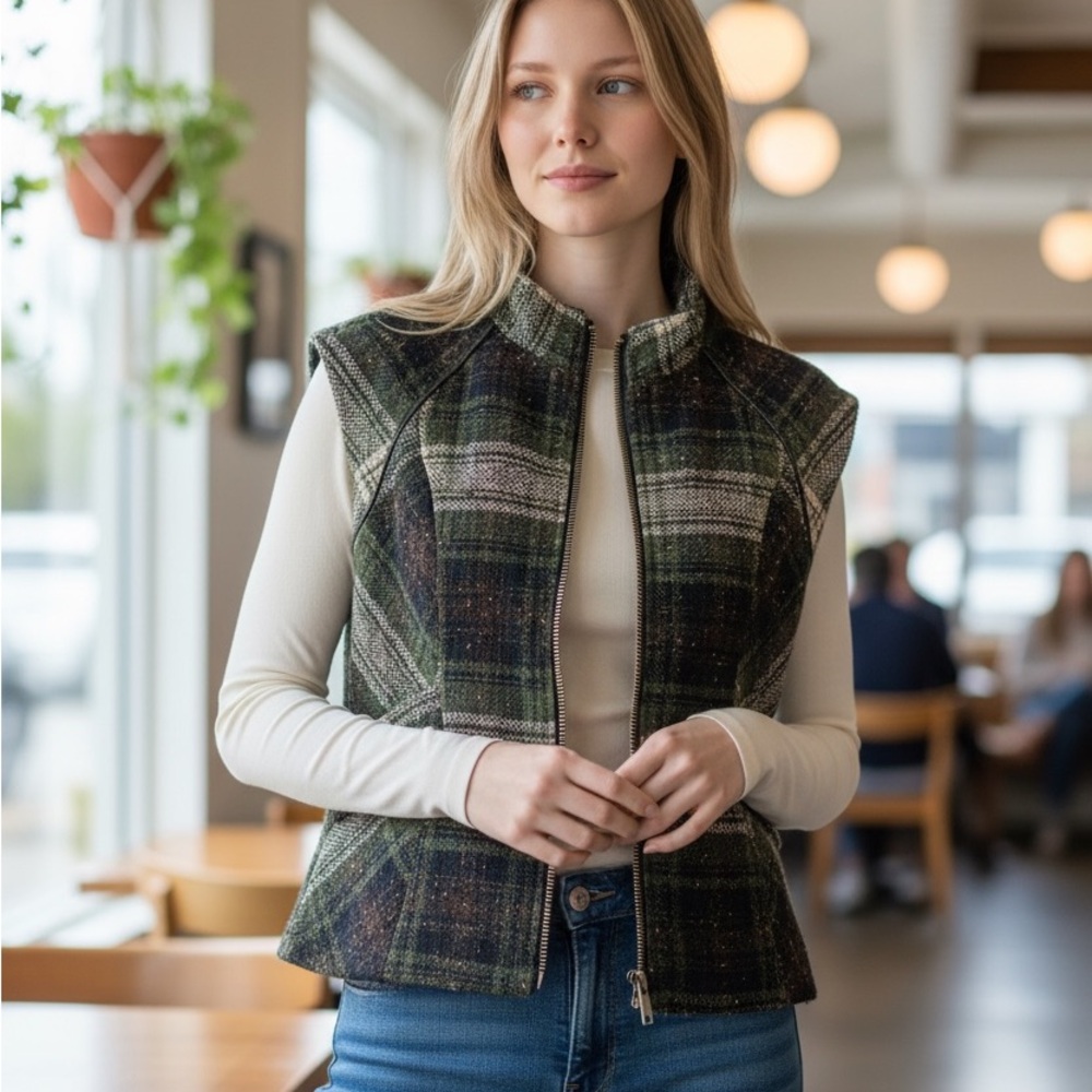 Cabi Wool Vest Patchwork Plaid Pattern Boho Indie… - image 1